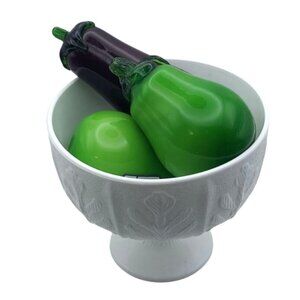 Vintage 1975 FTD White Milk Glass Compote Bowl With Glass Fruit Pears Eggplant